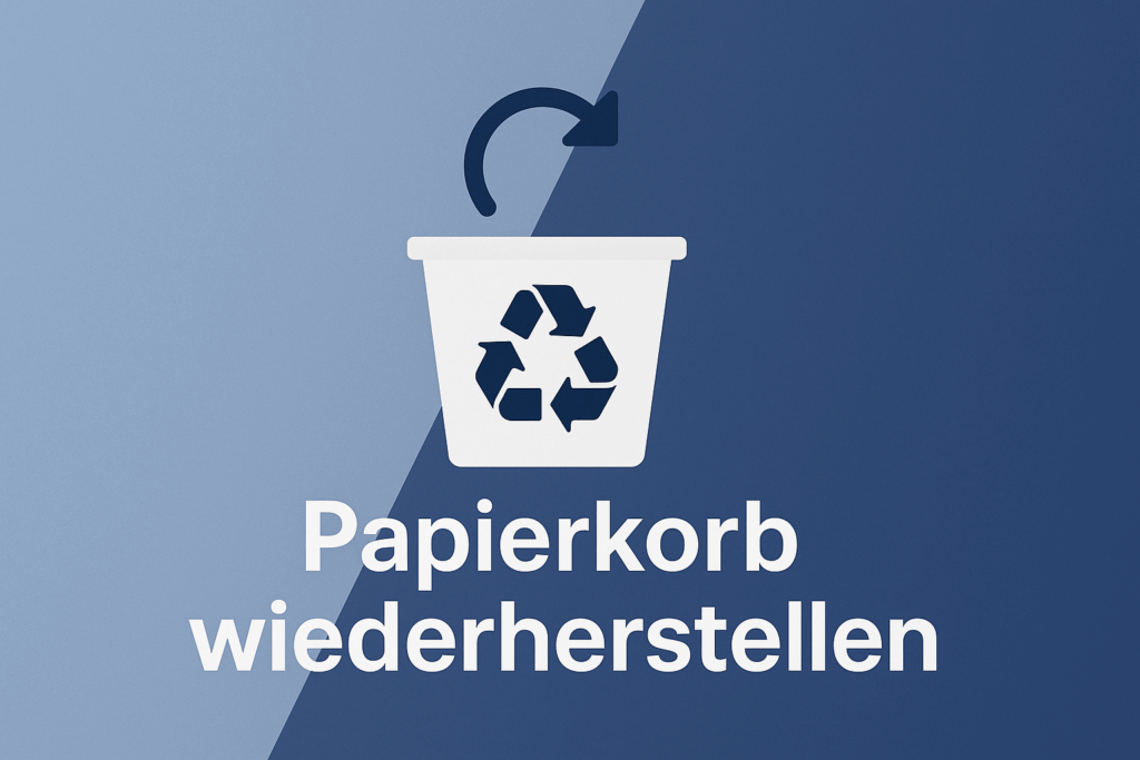 Ein Papierkorb-Symbol auf blauem Hintergrund mit Text-Overlay Papierkorb wiederherstellen